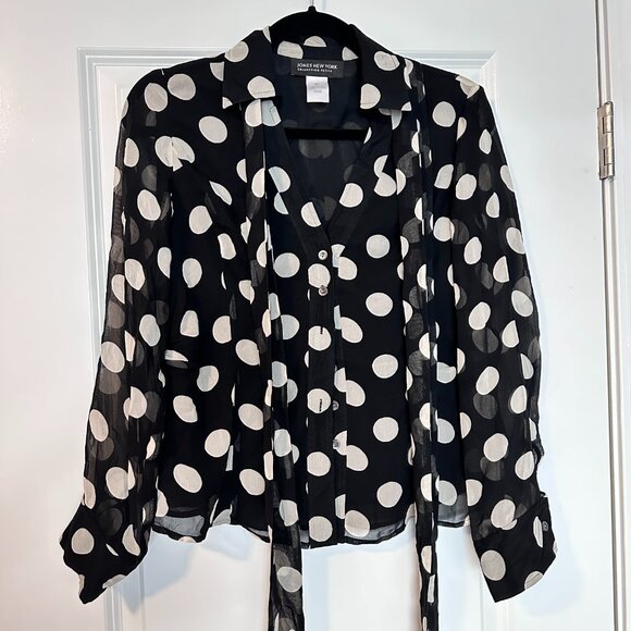 Jones New York Tops - JONES NEW YORK PETITE  | Polka Dot Blouse w Sheer Sleeves | Blk White | Size: 6P